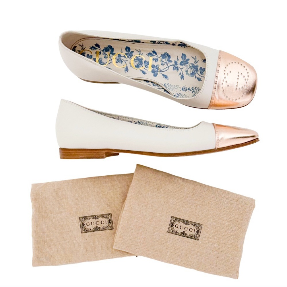 Gucci Hills GG Logo Cap Toe Marmont Ballet Flats Ivory White Pink Rose Gold 38